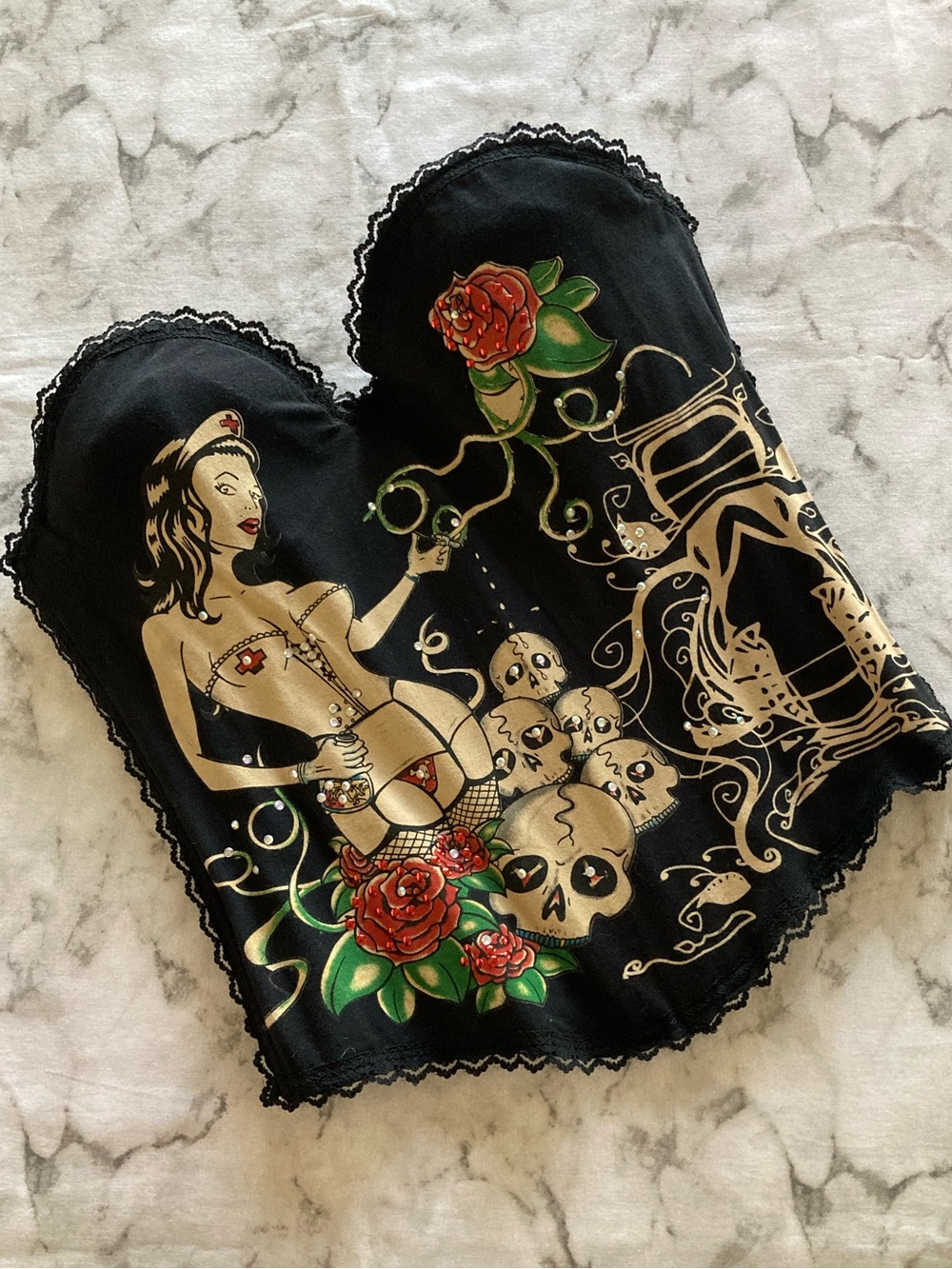 Black Floral nurse and skull  motif  Bustier Corset Top full back hook closure